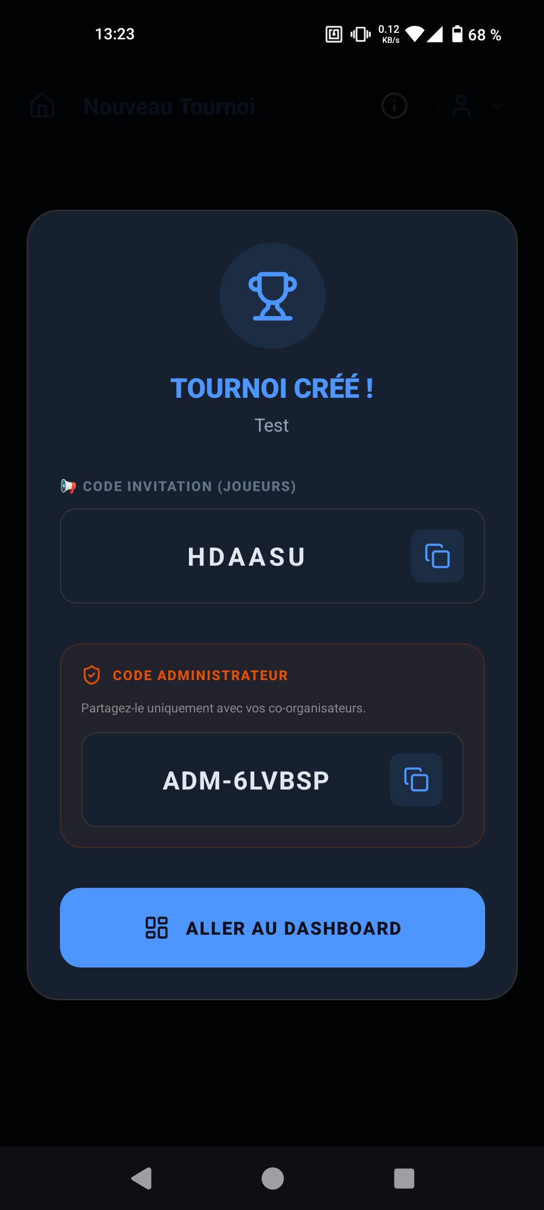 Tournoi créé - Génération des codes invitation et admin