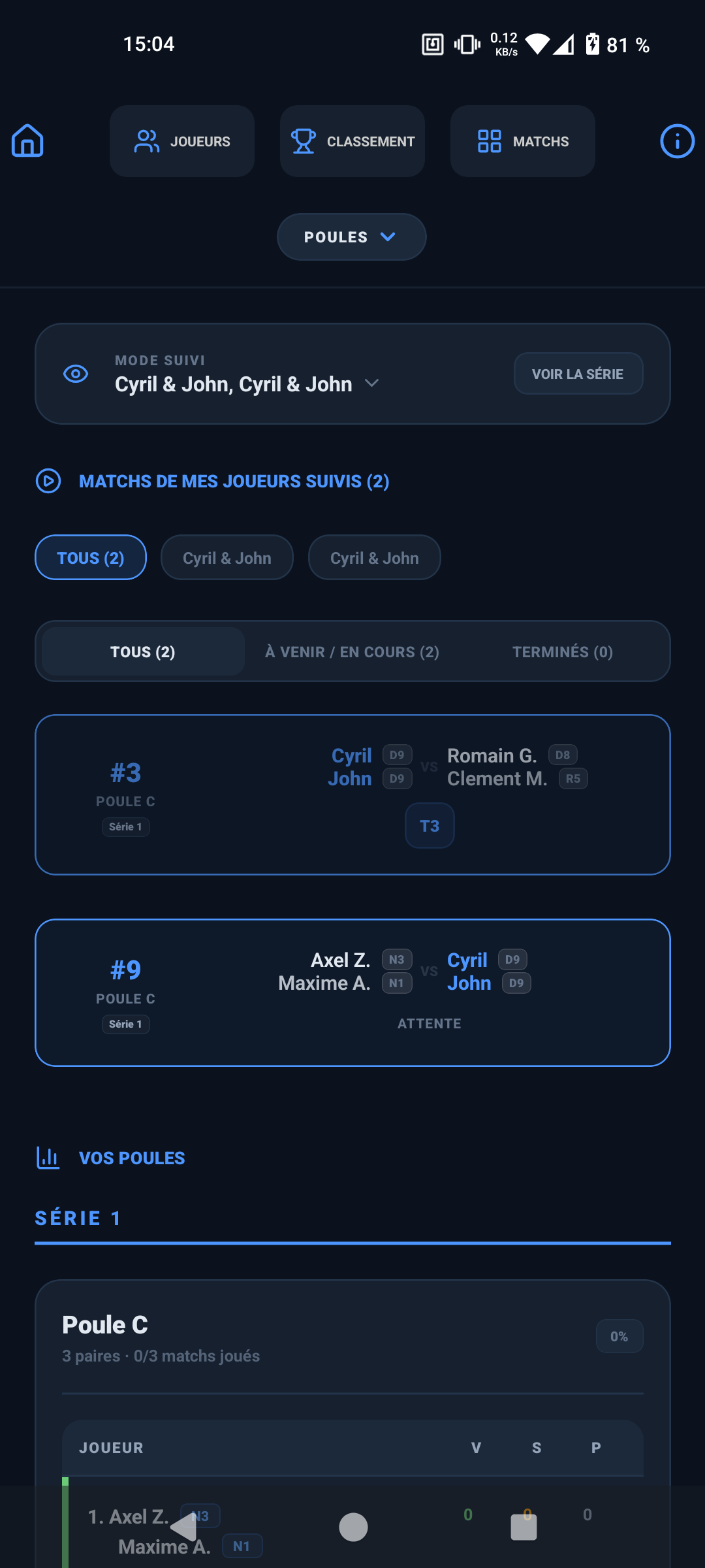 Mode Suivi - Terrains et prochains matchs